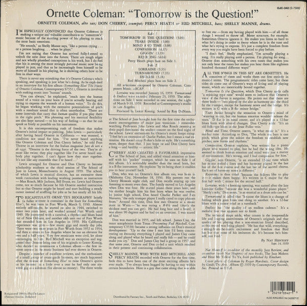 Ornette Coleman - Tomorrow Is The Question! (Vinyl, LP, Album, Reissue, Remastered, Stereo) Very Good (VG) / Very Good Plus (VG+)