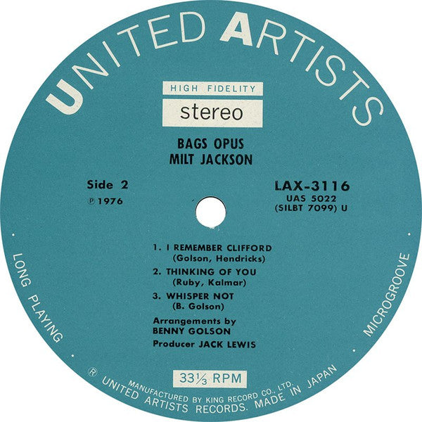 Milt Jackson - Bags' Opus (Vinyl, LP, Album, Limited Edition, Reissue, Stereo) Very Good Plus (VG+) / Very Good (VG)