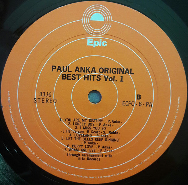 Paul Anka - Paul Anka Original Best Hits, Vol.1 (Vinyl, LP, Compilation, Stereo) Very Good (VG) / Very Good (VG)