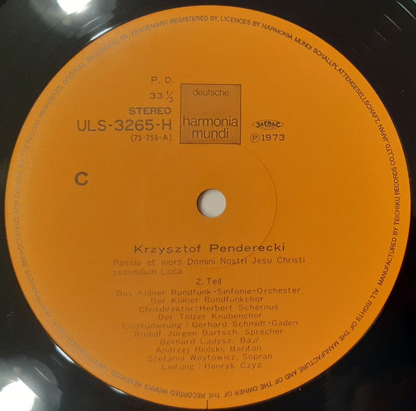 Krzysztof Penderecki - Passio Et Mors Domini Nostri Jesu Christi Secundum Lucam (2xVinyl, LP, Album, Stereo) Very Good Plus (VG+) / Very Good Plus (VG+)