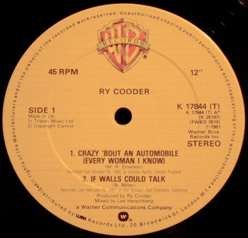 Ry Cooder - Crazy 'Bout An Automobile (Every Woman I Know) (Vinyl, 12", 45 RPM, Limited Edition) Very Good (VG) / Very Good (VG)
