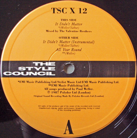 The Style Council - It Didn't Matter (Vinyl, 12", 45 RPM, Single) Near Mint (NM or M-) / Very Good Plus (VG+)