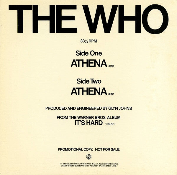 The Who - Athena (Vinyl, 12", 33 ⅓ RPM, Single, Promo) Very Good Plus (VG+) / Very Good (VG)