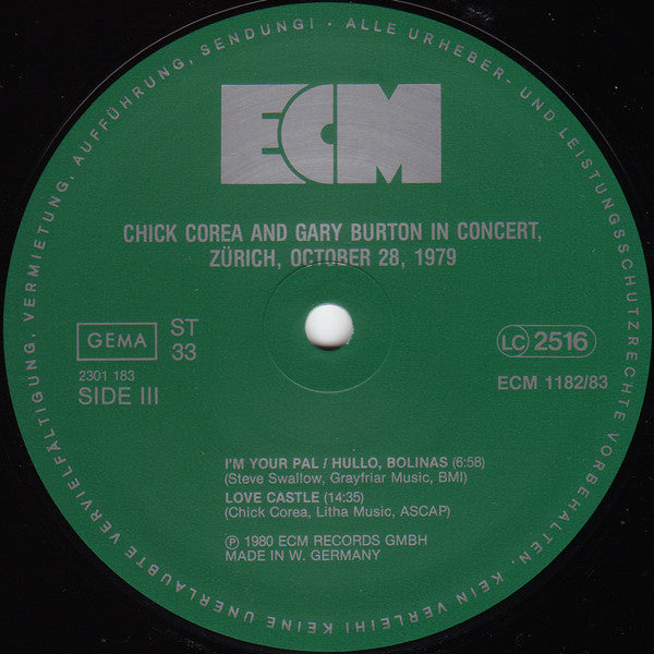 Gary Burton / Chick Corea - In Concert, Zürich, October 28, 1979 (2xVinyl, LP, Album, Stereo) Very Good (VG) / Very Good Plus (VG+)