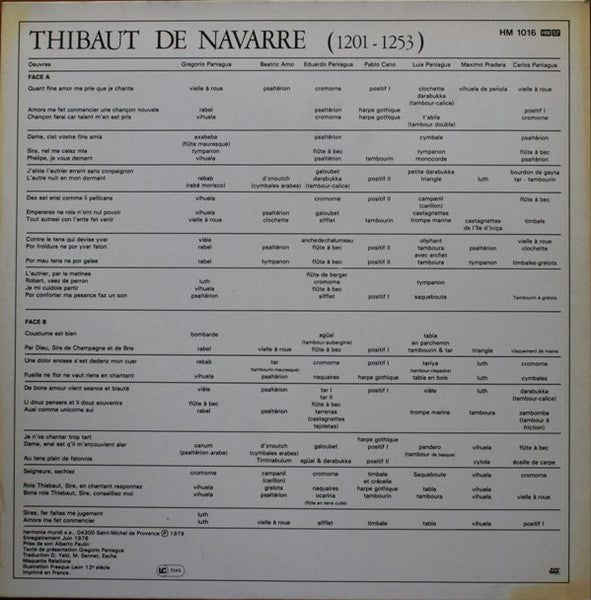 Thibault IV, Roi De Navarre - Thibaut De Navarre (Vinyl, LP) Very Good Plus (VG+) / Very Good Plus (VG+)