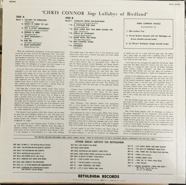 Chris Connor - Sings Lullabys Of Birdland (Vinyl, LP, Reissue, Mono) Very Good (VG) / Very Good (VG)