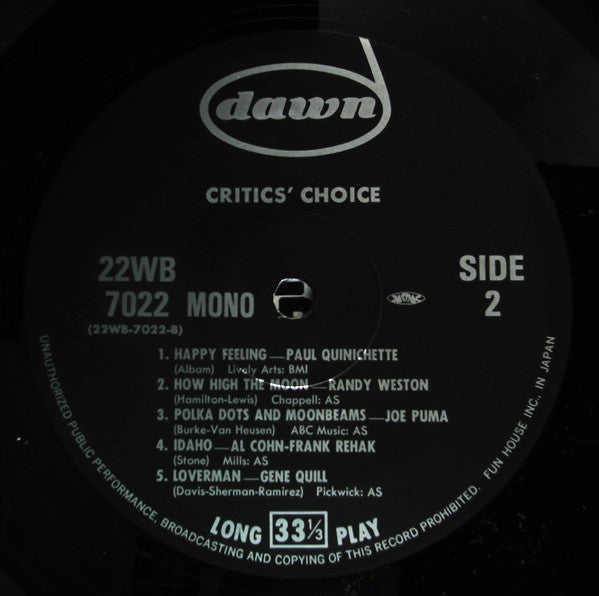 Various - Critics' Choice (Vinyl, LP, Compilation, Reissue, Mono) Very Good Plus (VG+) / Very Good Plus (VG+)