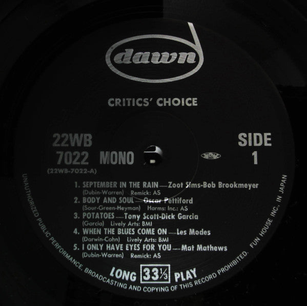 Various - Critics' Choice (Vinyl, LP, Compilation, Reissue, Mono) Very Good Plus (VG+) / Very Good Plus (VG+)