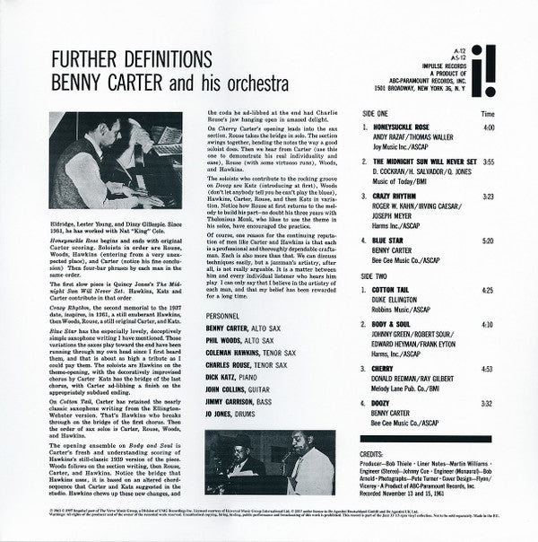 Benny Carter And His Orchestra - Further Definitions (Vinyl, LP, Album, Stereo) Very Good Plus (VG+) / Very Good Plus (VG+)