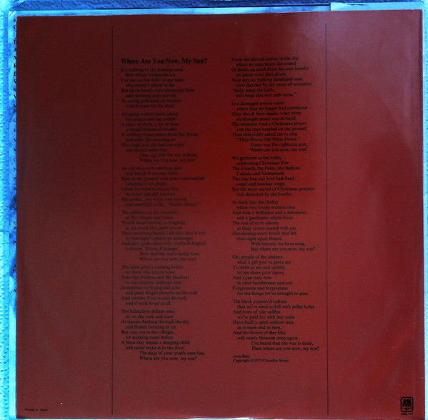 Joan Baez - Where Are You Now, My Son? (Vinyl, LP, Album) Very Good Plus (VG+) / Very Good Plus (VG+)