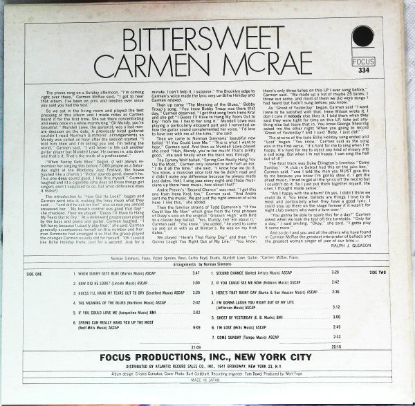 Carmen McRae - Bittersweet (Vinyl, LP, Album, Promo, Stereo) Very Good Plus (VG+) / Very Good (VG)
