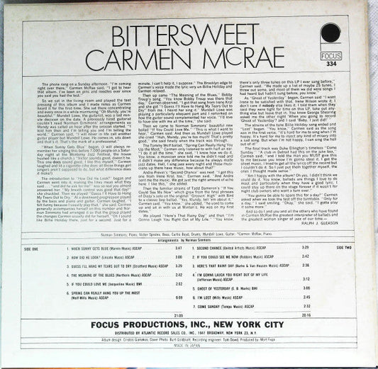 Carmen McRae - Bittersweet (Vinyl, LP, Album, Promo, Stereo) Very Good Plus (VG+) / Very Good (VG)