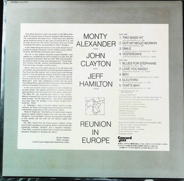 Monty Alexander - Reunion In Europe (Vinyl, LP, Album, Stereo) Very Good (VG) / Good Plus (G+)