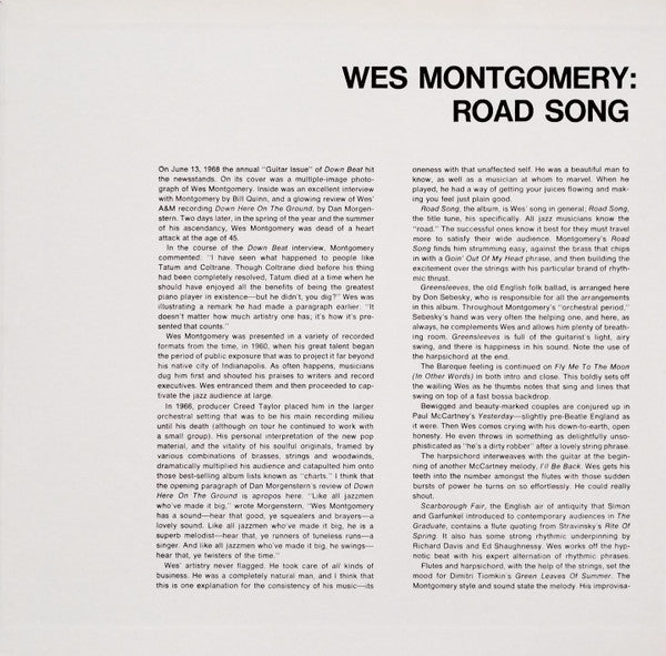 Wes Montgomery - Road Song (Vinyl, LP, Album, Promo, Reissue, Stereo) Very Good (VG) / Very Good (VG)