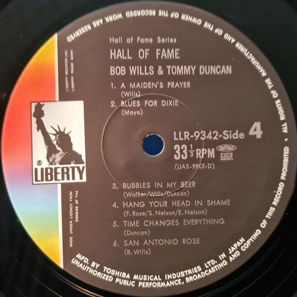 Bob Wills & Tommy Duncan - Hall Of Fame (2xVinyl, LP, Compilation) Very Good (VG) / Very Good Plus (VG+)