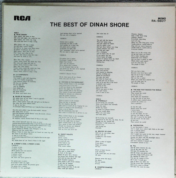 Dinah Shore - The Best Of Dinah Shore (Vinyl, LP, Compilation, Promo, Mono) Very Good Plus (VG+) / Very Good Plus (VG+)