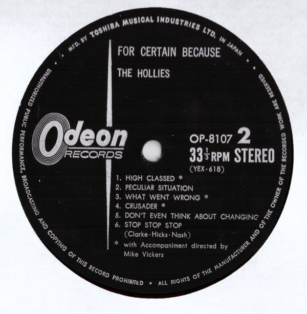 The Hollies - For Certain Because... (Vinyl, LP, Album, Stereo) Very Good (VG) / Good Plus (G+)