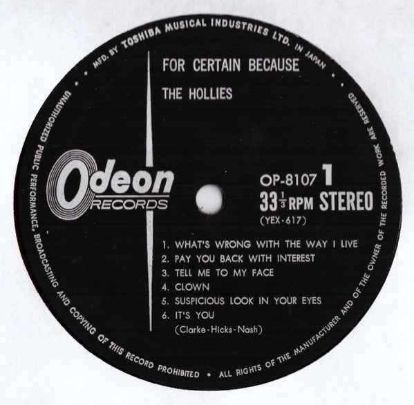 The Hollies - For Certain Because... (Vinyl, LP, Album, Stereo) Very Good (VG) / Good Plus (G+)