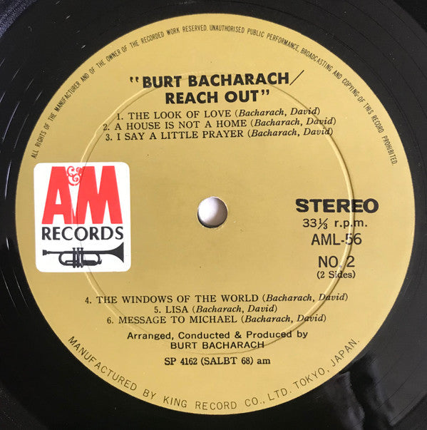 Burt Bacharach - Reach Out (Vinyl, LP, Album, Stereo) Very Good Plus (VG+) / Very Good (VG)