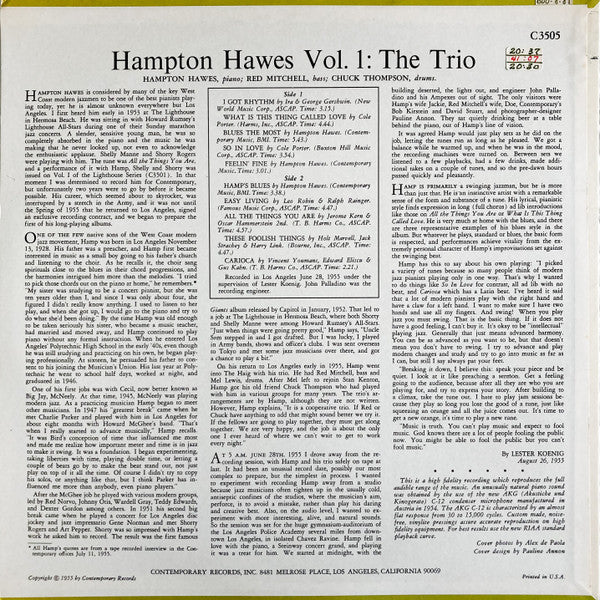 Hampton Hawes Trio - Hampton Hawes Trio, Vol. 1 (Vinyl, LP, Album, Reissue, Mono) Very Good Plus (VG+) / Very Good (VG)