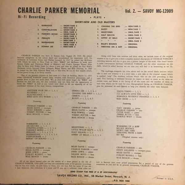 Charlie Parker - Charlie Parker Memorial Vol. 2 (Vinyl, LP, Stereo) Good Plus (G+) / Very Good (VG)