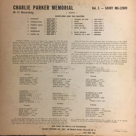 Charlie Parker - Charlie Parker Memorial Vol. 2 (Vinyl, LP, Stereo) Very Good (VG) / Very Good Plus (VG+)
