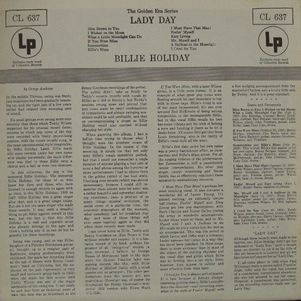 Billie Holiday - Lady Day (Vinyl, LP, Compilation, Reissue, Mono) Very Good (VG) / Very Good (VG)