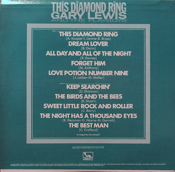 Gary Lewis & The Playboys - This Diamond Ring (Vinyl, LP, Album, Reissue) Very Good (VG) / Very Good (VG)