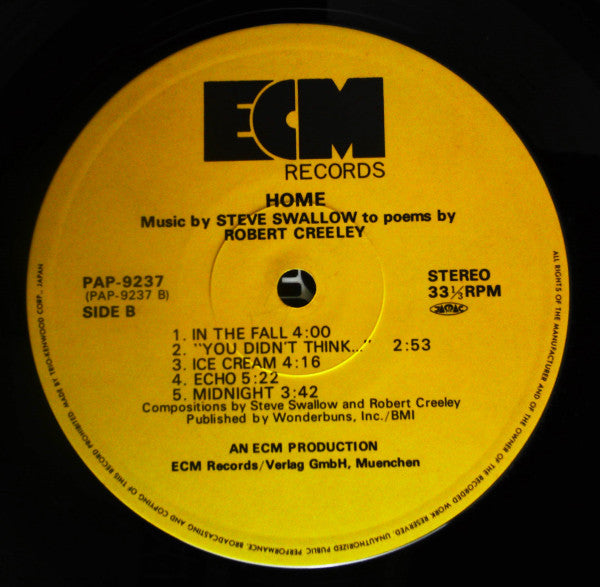 Steve Swallow - Home · Music By Steve Swallow To Poems By Robert Creeley (Vinyl, LP, Album) Near Mint (NM or M-) / Very Good Plus (VG+)