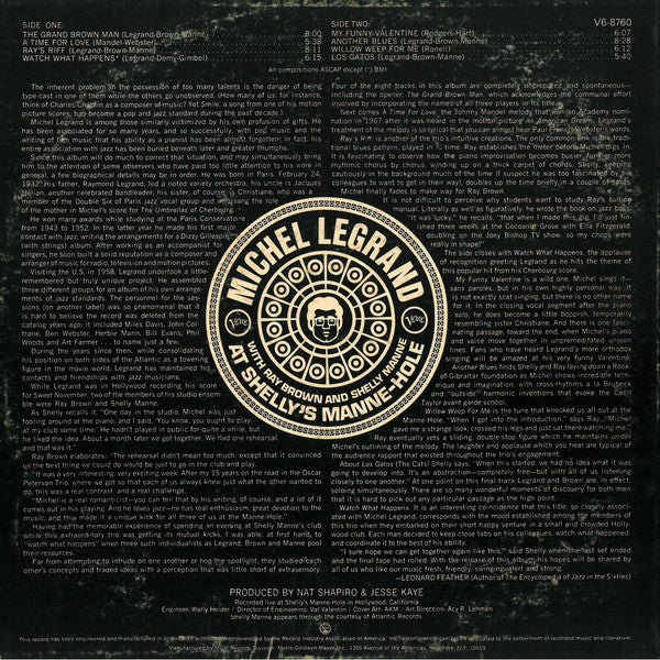 Michel Legrand - At Shelly's Manne-Hole (Vinyl, LP, Album, Stereo) Very Good (VG) / Very Good (VG)