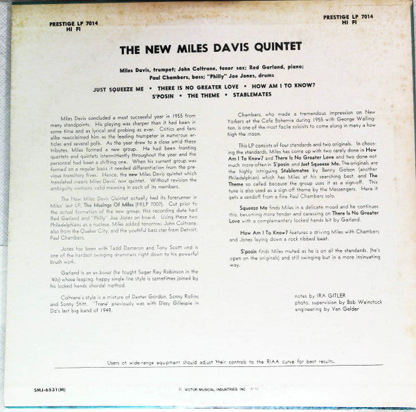 The Miles Davis Quintet - Miles (Vinyl, LP, Album, Promo, Reissue, Mono) Near Mint (NM or M-) / Very Good (VG)