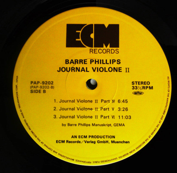 Barre Phillips - Journal Violone II (Vinyl, LP, Album) Very Good Plus (VG+) / Very Good (VG)