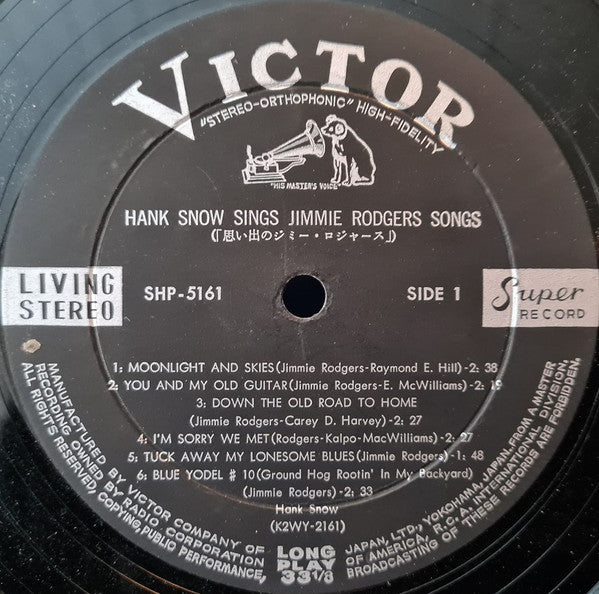Hank Snow - Sings Jimmie Rodgers Songs (Vinyl, LP, Album, Stereo) Very Good Plus (VG+) / Very Good Plus (VG+)