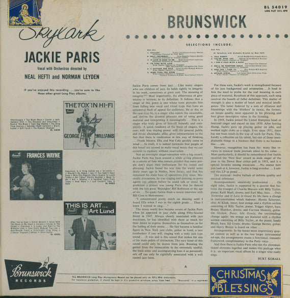Jackie Paris - Skylark (Vinyl, LP, Album, Mono) Very Good (VG) / Near Mint (NM or M-)