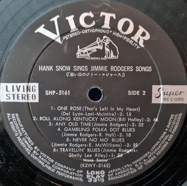 Hank Snow - Sings Jimmie Rodgers Songs (Vinyl, LP, Album, Stereo) Very Good Plus (VG+) / Very Good Plus (VG+)
