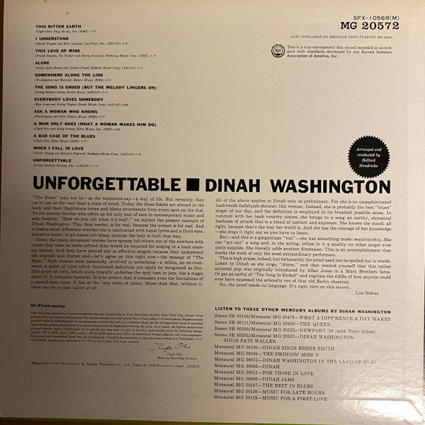 Dinah Washington - Unforgettable (Vinyl, LP, Album, Reissue, Mono) Very Good (VG) / Very Good (VG)