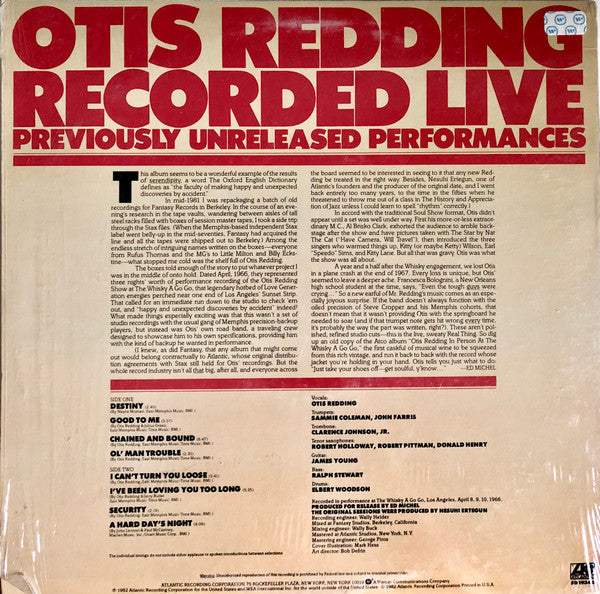 Otis Redding - Recorded Live (Previously Unreleased Performances) (Vinyl, LP, Album, Stereo) Very Good Plus (VG+) / Very Good (VG)