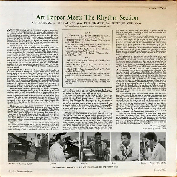 Art Pepper - Art Pepper Meets The Rhythm Section (Vinyl, LP, Album, Reissue, Stereo) Very Good Plus (VG+) / Very Good Plus (VG+)