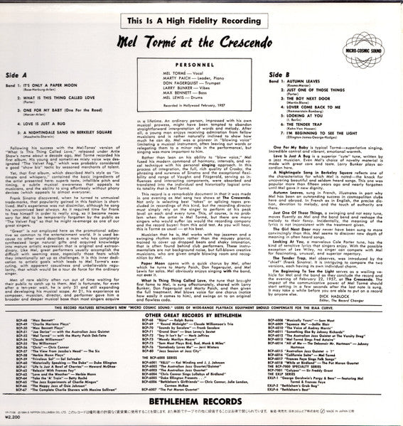 Mel Tormé - Gene Norman Presents Mel Tormé At The Crescendo (Vinyl, LP, Album, Reissue, Mono) Very Good (VG) / Very Good (VG)