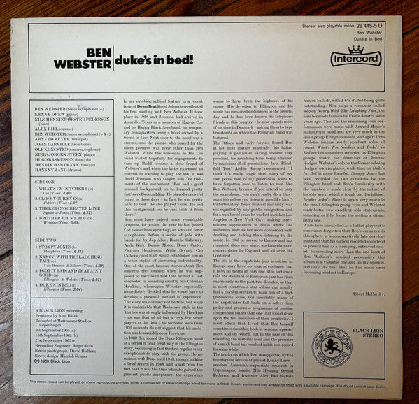 Ben Webster - Duke's In Bed! (Vinyl, LP, Album, Reissue, Stereo) Very Good Plus (VG+) / Very Good (VG)