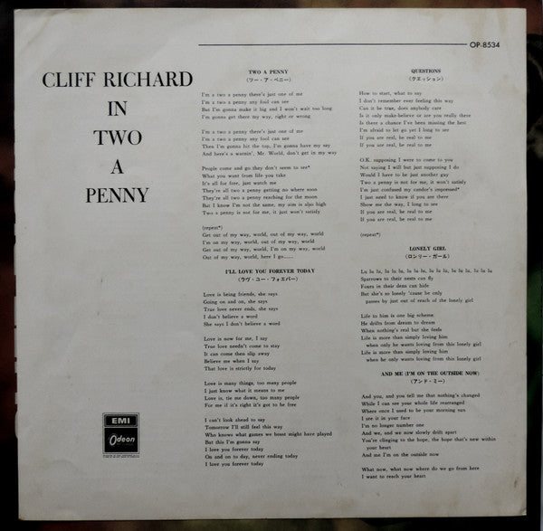 Cliff Richard - Two A Penny (Vinyl, LP, Album, Stereo) Good Plus (G+) / Very Good (VG)