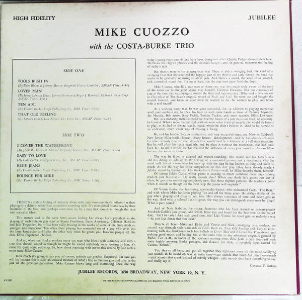 Mike Cuozzo - Mike Cuozzo With The Costa-Burke Trio (Vinyl, LP, Reissue, Mono) Very Good Plus (VG+) / Very Good Plus (VG+)