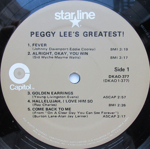 Peggy Lee - Peggy Lee's Greatest! (Vinyl, LP, Compilation) Near Mint (NM or M-) / Very Good Plus (VG+)