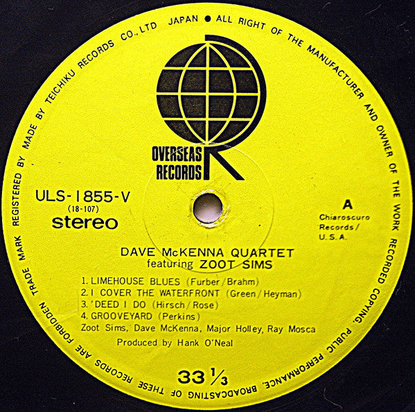 Dave McKenna Quartet - Dave McKenna Quartet Featuring Zoot Sims (Vinyl, LP, Album, Stereo) Very Good (VG) / Good Plus (G+)