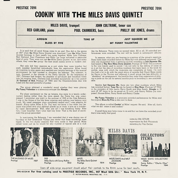 The Miles Davis Quintet - Cookin' With The Miles Davis Quintet (Vinyl, LP, Album, Reissue, Mono) Very Good Plus (VG+) / Very Good (VG)
