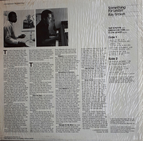 Ray Brown - Something For Lester (Vinyl, LP, Album) Very Good Plus (VG+) / Very Good Plus (VG+)