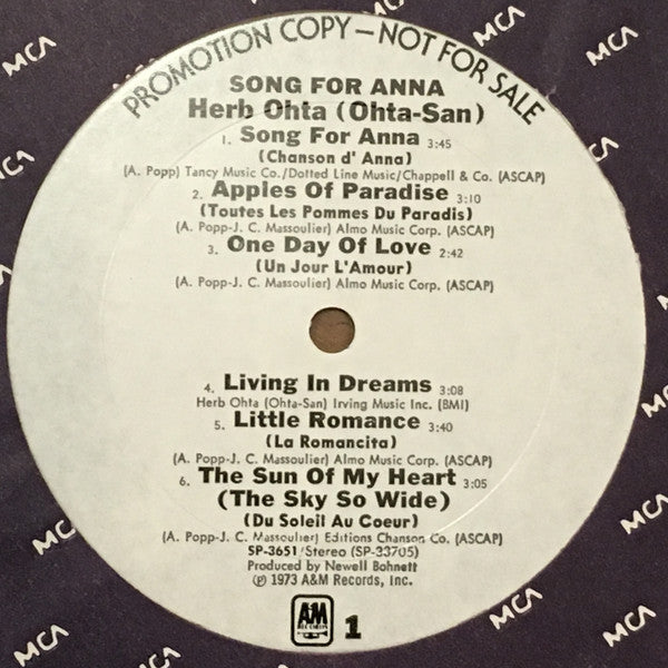 Herb Ohta - Song For Anna (Vinyl, LP, Promo, Stereo) Good Plus (G+) / Very Good (VG)