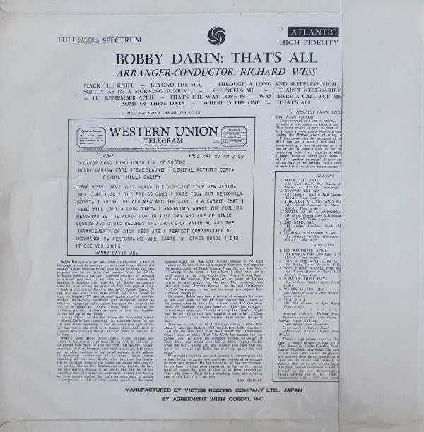 Bobby Darin - That's All (Vinyl, LP, Album, Reissue) Very Good (VG) / Very Good (VG)