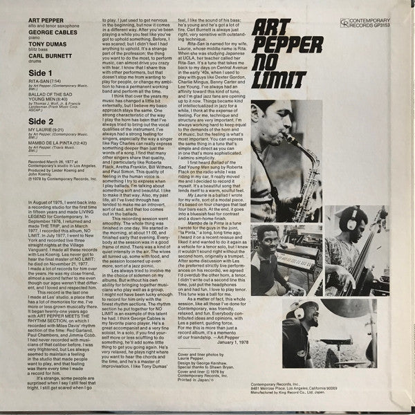 Art Pepper - No Limit (Vinyl, LP, Album, Stereo) Very Good Plus (VG+) / Very Good (VG)