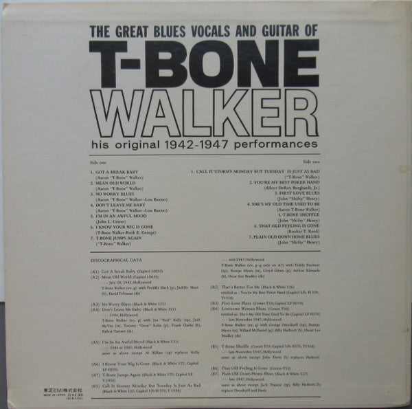 T-Bone Walker - The Great Blues Vocals And Guitar Of T-Bone Walker (His Original 1942-1947 Performances) (Vinyl, LP, Compilation, Promo) Very Good Plus (VG+) / Very Good (VG)